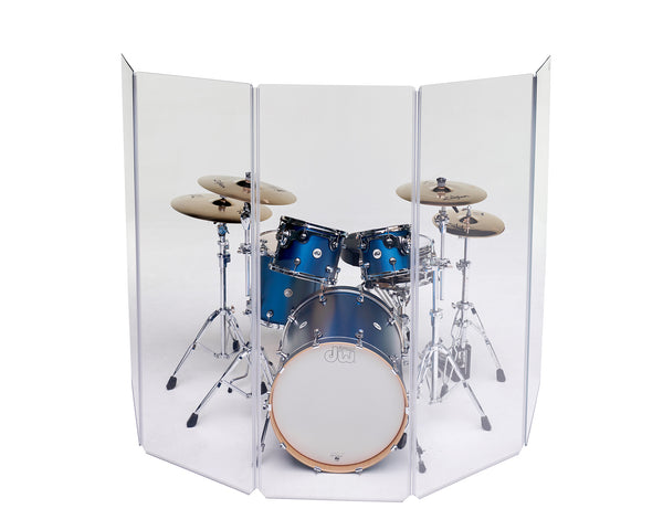The A2466x5 drum shield isolating a blue 5-piece drum set. 