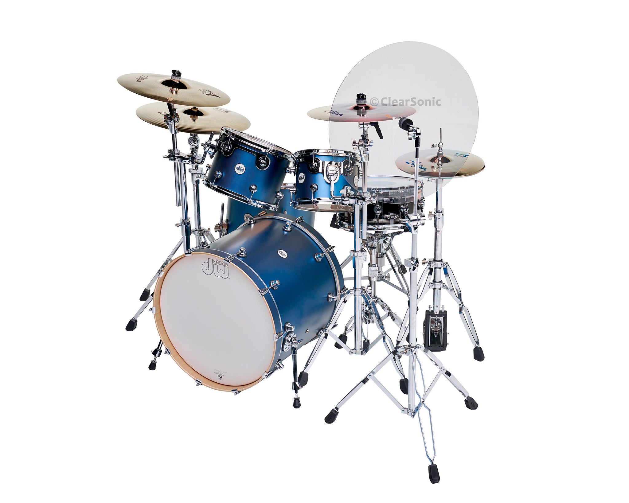 A blue DW drum set with a Flector22 cymbal shield blocking a cymbal