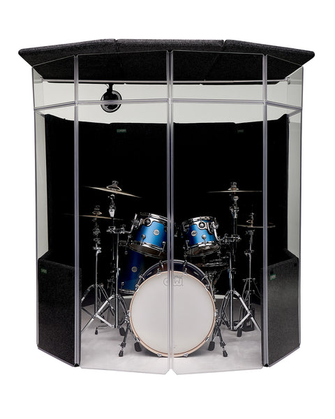 The IsoPac B isolation booth surrounding a blue DW drum kit.