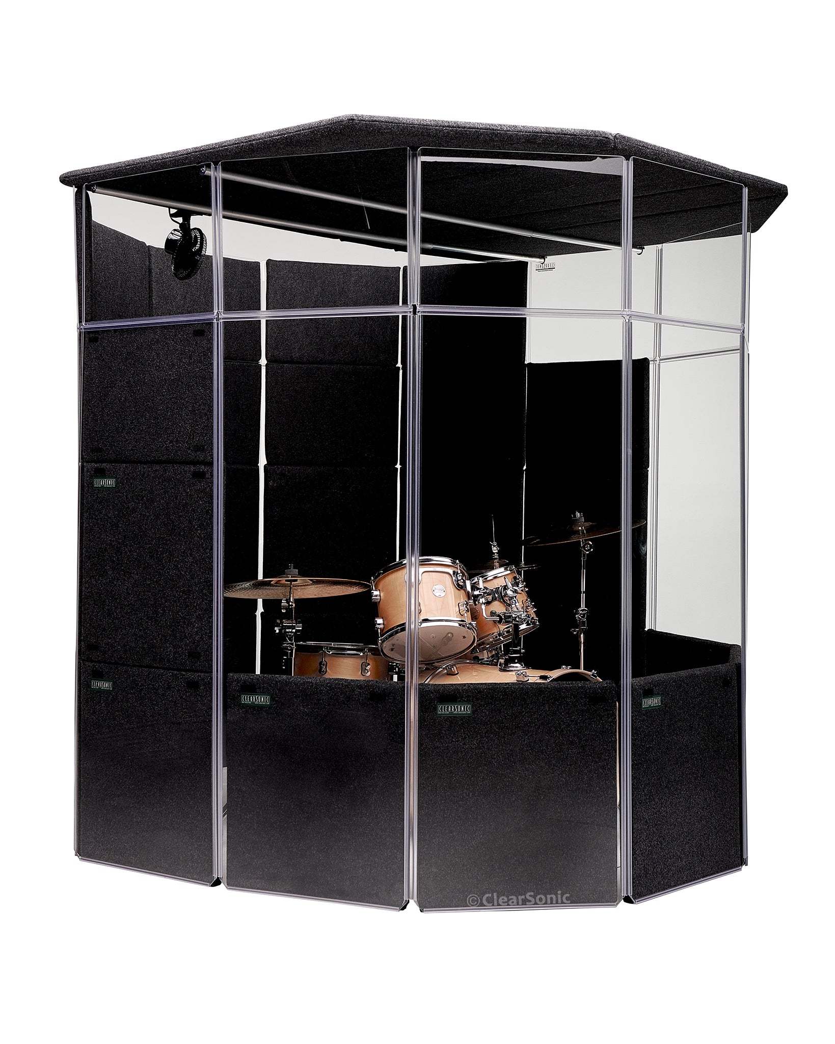 An angled view of the MegaPac isolating a PDP drum kit with acrylic drum shields and Sorber sound absorption baffles.