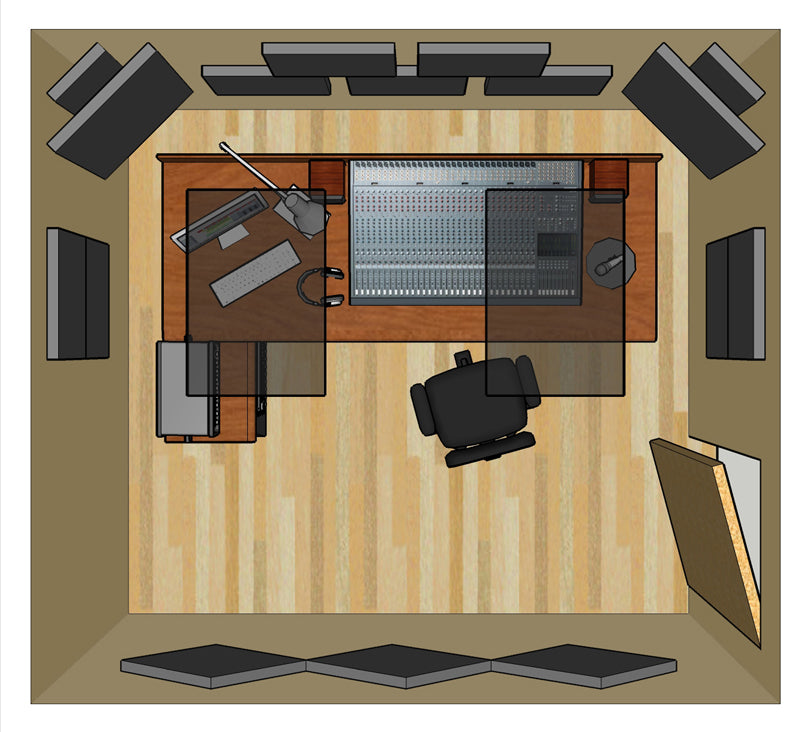 A small studio space with StudioPac 10 acoustic treatment applied to the walls and ceiling.