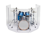 Front view of a 5-piece drum set with a 7-panel, 4 ft. tall acrylic drum shield around it.