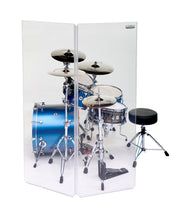 A 2-panel drum shield acting as a sound reflection barrier on the left side of a 5-piece drum set.