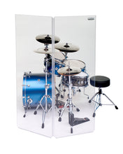 A 2-panel drum shield acting as a sound reflection barrier on the left side of a 5-piece drum set.