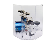 A 3-panel drum shield creating a sound barrier on the left side of a drum set.