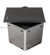The front view of an AmpPac 21 guitar amp cabinet isolation booth with a miked Marshall combo amp inside