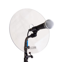 A microphone mounted on a mic stand with a gooseneck and ClearSonic Flector 12GN