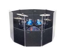 The IsoPac D 4 ft. tall isolation booth isolating a 5-piece drum set against a white background.