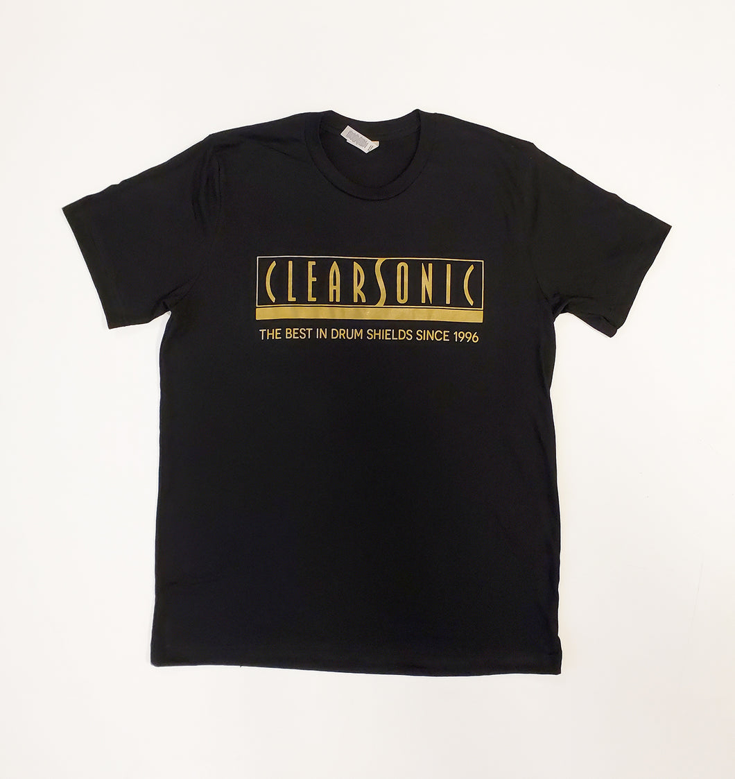 Black shirt with text 'ClearSonic: the best in drum shields since 1996'